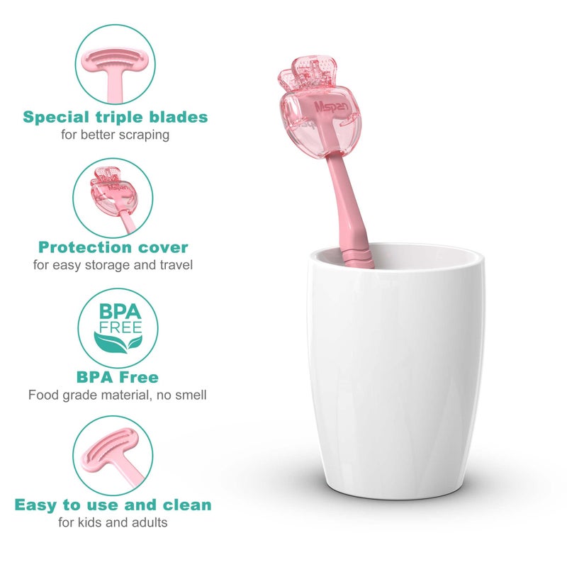 Mspan Tongue Scraper Cleaner Brush: Tongue Care Cleaning Scrubber with Plastic Travel Case Cover for Adults kids - Clean Oral Bad Breath Pink White 2 Pack - Image 3
