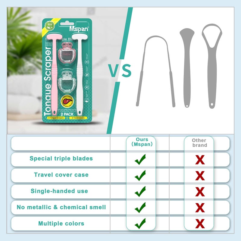 Mspan Tongue Scraper Cleaner Brush: Tongue Care Cleaning Scrubber with Plastic Travel Case Cover for Adults kids - Clean Oral Bad Breath Pink White 2 Pack - Image 4