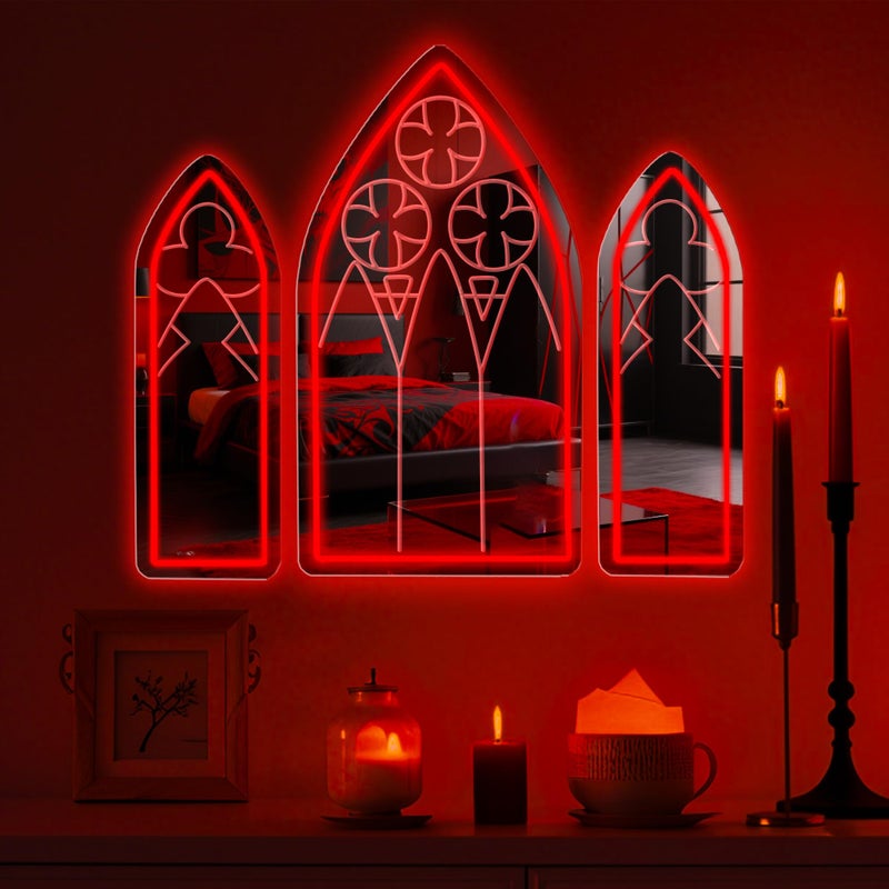 DUOLIYBC Gothic Neon Sign, Medieval Goth LED Mirror Sign Set, Window Mirror Signs for Wall Decor, Gothic Cathedral Decor, Witch Mirrors 20â€³ Ã— 11.7â€³ - Image 1