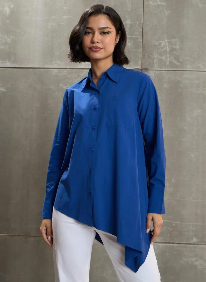 SASSAFRAS Royal Blue Poplin Asymmetric Hem Buttoned Shirt