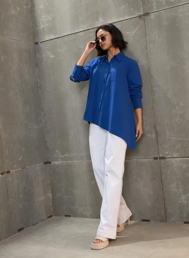 SASSAFRAS Royal Blue Poplin Asymmetric Hem Buttoned Shirt
