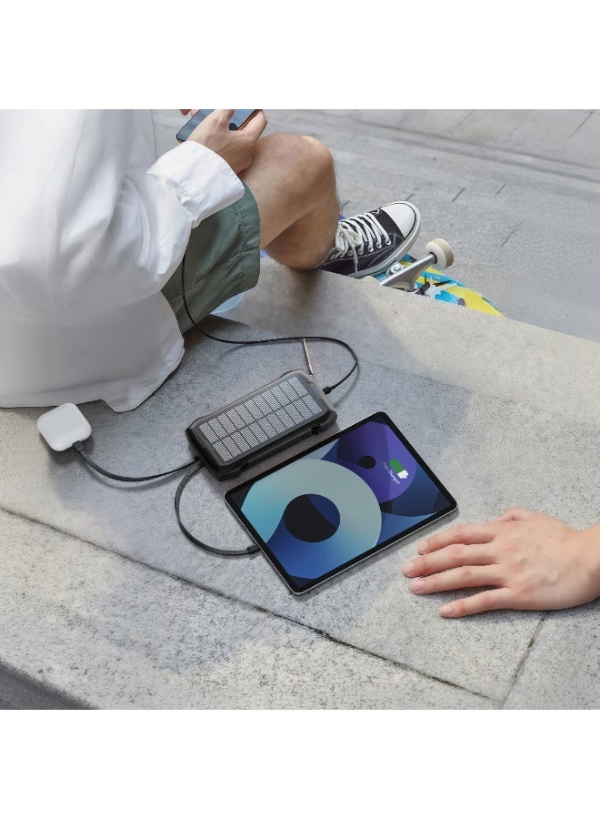 GREEN LION 20000mAh Power Bank PD 20W with Solar Panel, Fast-Charging PD Input & Output Por, 3x USB-C & USB-A Ports, 4x Built-In Cables (USB-A1, USB-A2, USB-C, Lightning), 4 Mode Flashlight, Light-Weight & Portable - Blackt - Image 2