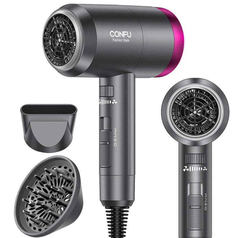 Confu Ionic Blow Dryer 1600W  Portable Lightweight Fast Drying Negative Ion Hairdryer Blowdryer  3 Heat Settings & Infinity Speed  With Diffuser And Concentrator Nozzle For Home & Travel - Image 1