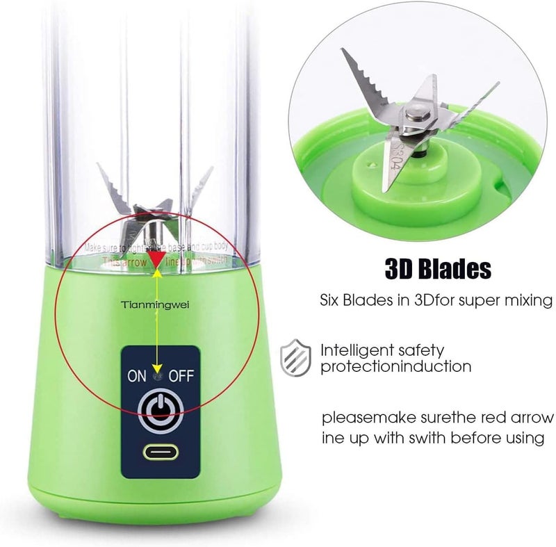 TMW Tianmingwei Portable Blender Personal 6 Blades Juicer Cup Household Fruit Mixer with Magnetic Secure Switch USB Charger Cable 400ml (Green) - Image 3
