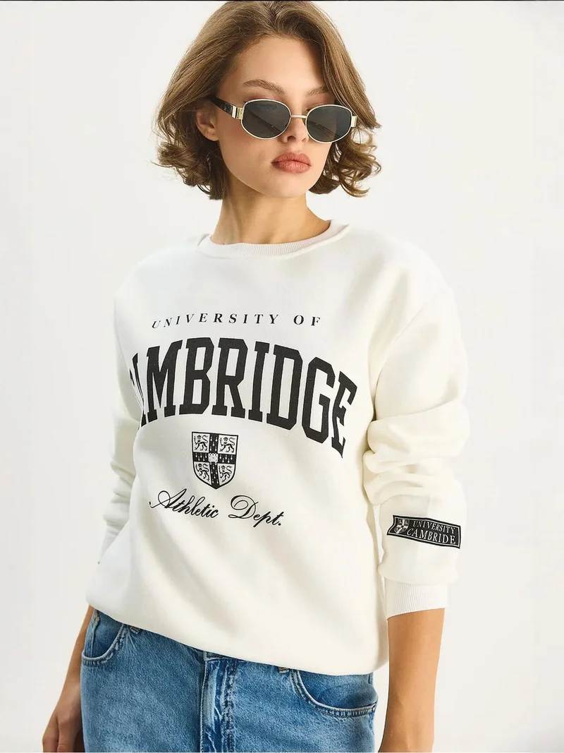 Bianco Lucci LUCCI Printed Ribbed Crew Neck Sweatshirt