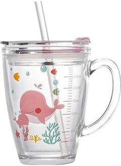 Kids Glass Milk Cup Childrens Measuring Cups Toddler Drinking Cup Cartoon Baby Straw Cups Child Transparent Glass Mug with Straw and Silicone lid for Microwave, Milk, Juice, Iced, Tea, Coffee, 300ml