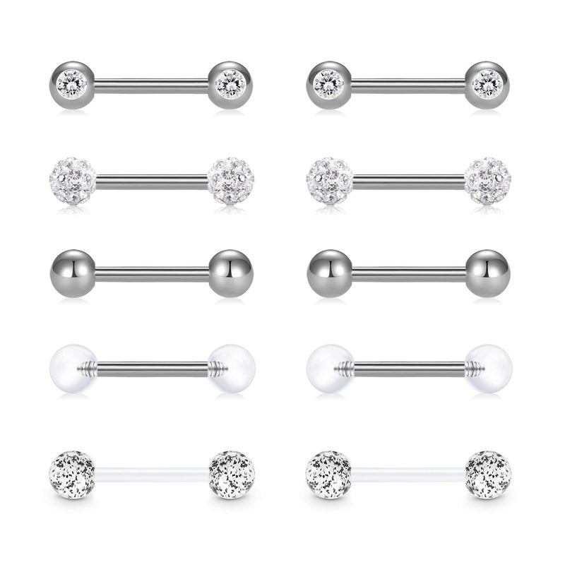 Incaton 14G 5 Pairs Nipple Rings Tongue Ring Surgical Steel Nipplerings Retainer Piercing Women Silver Straight Barbells 12mm-18mm - Image 1