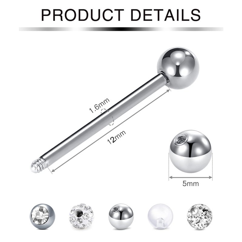 Incaton 14G 5 Pairs Nipple Rings Tongue Ring Surgical Steel Nipplerings Retainer Piercing Women Silver Straight Barbells 12mm-18mm - Image 2