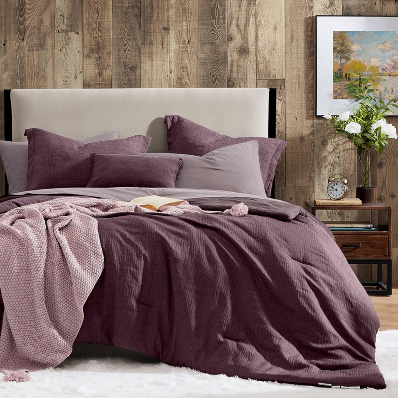 Geniospin Purple Full Comforter Set - 7 Pieces Eggplant Comforter Full Size, Solid Bedding Set for All Season, Textured Bed in a Bag with Sheets - Image 1