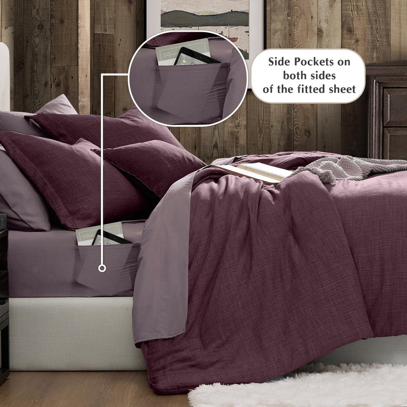 Geniospin Purple Full Comforter Set - 7 Pieces Eggplant Comforter Full Size, Solid Bedding Set for All Season, Textured Bed in a Bag with Sheets - Image 4