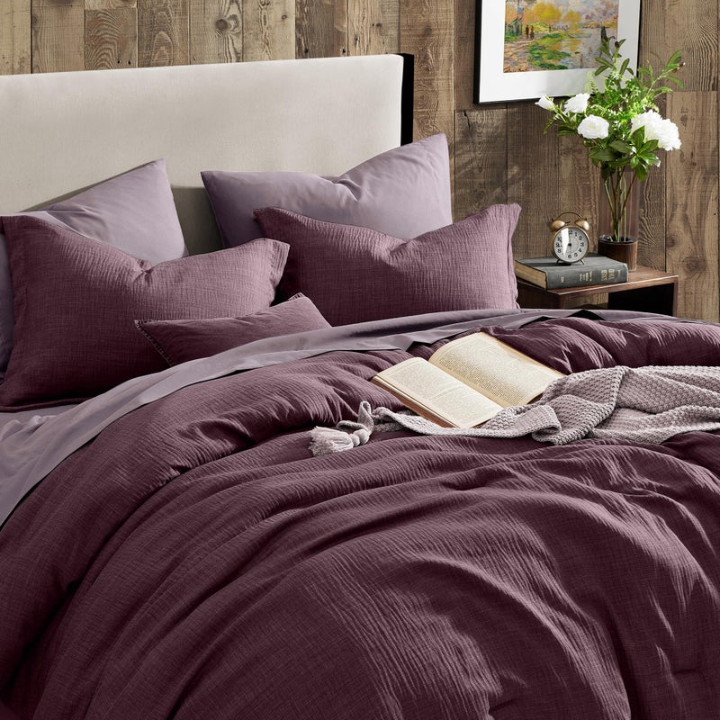 Geniospin Purple Full Comforter Set - 7 Pieces Eggplant Comforter Full Size, Solid Bedding Set for All Season, Textured Bed in a Bag with Sheets - Image 3