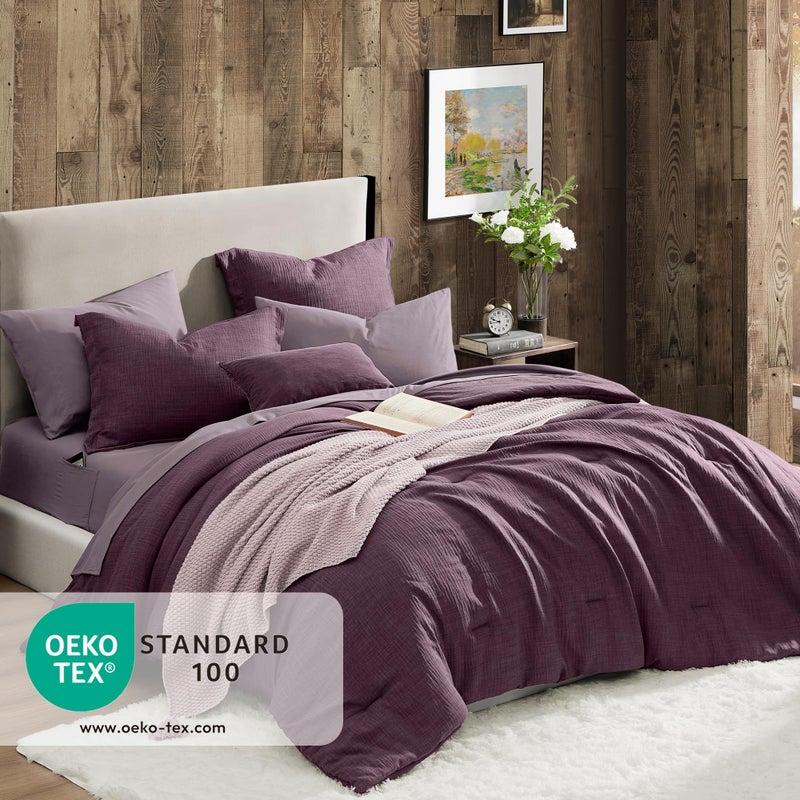 Geniospin Purple Full Comforter Set - 7 Pieces Eggplant Comforter Full Size, Solid Bedding Set for All Season, Textured Bed in a Bag with Sheets - Image 2