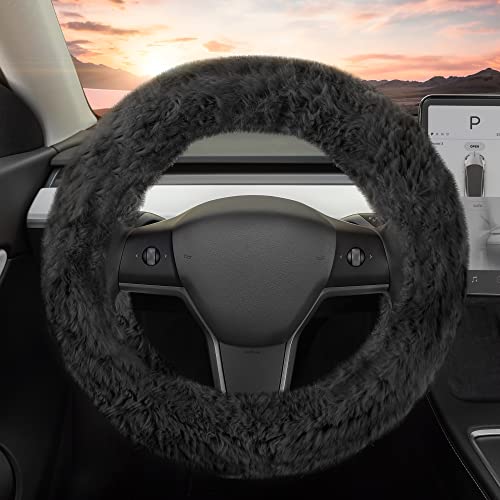 Carbella Aspen Black Fuzzy Steering Wheel Cover for Women - Cute and Stylish Fluffy Fur Steering Wheel Cover for Cars Trucks Vans SUVs, Universal Fit for Wheel Sizes 14.5 to 15.5 inches - Image 1