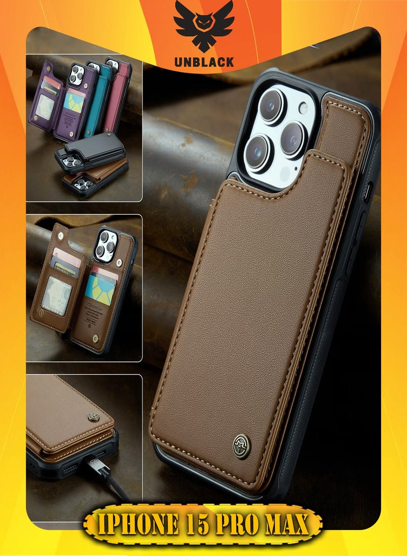 CaseMe Wallet Case for Apple iPhone 15 Pro Max, Premium Handmade Durable PU Leather Slim Shockproof Case with [Double Magnetic Clasp] [Card Holder] [Kickstand] [RFID Blocking] (Brown) - Image 1