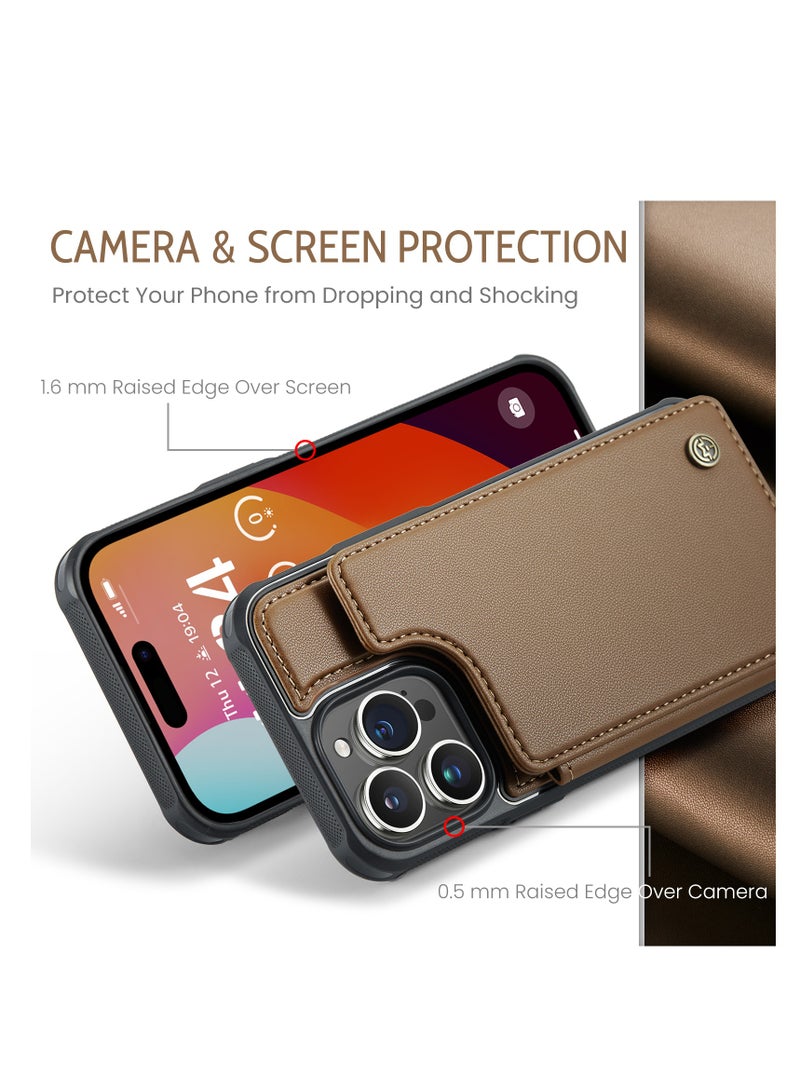 CaseMe Wallet Case for Apple iPhone 15 Pro Max, Premium Handmade Durable PU Leather Slim Shockproof Case with [Double Magnetic Clasp] [Card Holder] [Kickstand] [RFID Blocking] (Brown) - Image 3