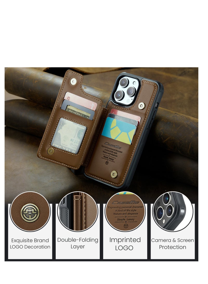 CaseMe Wallet Case for Apple iPhone 15 Pro Max, Premium Handmade Durable PU Leather Slim Shockproof Case with [Double Magnetic Clasp] [Card Holder] [Kickstand] [RFID Blocking] (Brown) - Image 4