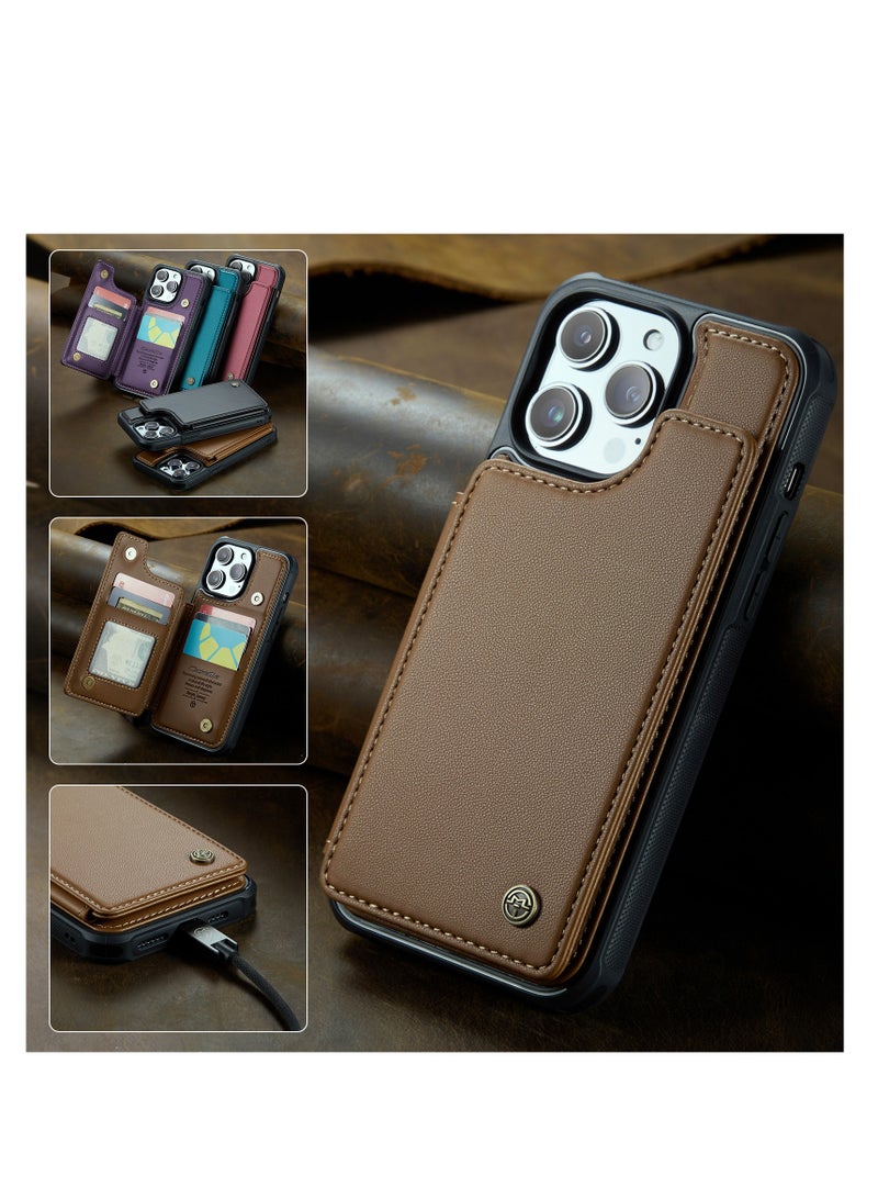 CaseMe Wallet Case for Apple iPhone 15 Pro Max, Premium Handmade Durable PU Leather Slim Shockproof Case with [Double Magnetic Clasp] [Card Holder] [Kickstand] [RFID Blocking] (Brown) - Image 2