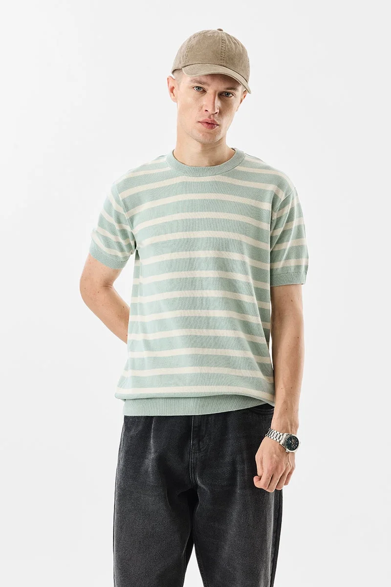 سنيتش Mint Striped Half Sleeve Slim Fit T-Shirt