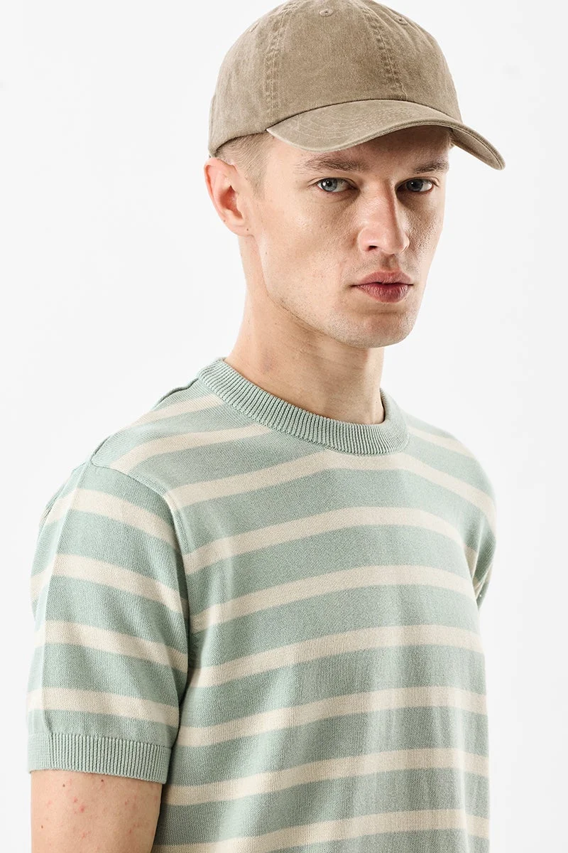 SNITCH Mint Striped Half Sleeve Slim Fit T-Shirt