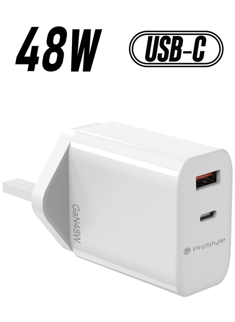Prostyle 48W Fast Charger, GaN USB-A and Type-C Charger for Samsung S24, S23, iPhone 16 Series, iPad, MacBook, Steam Deck, and More - White  - Image 1