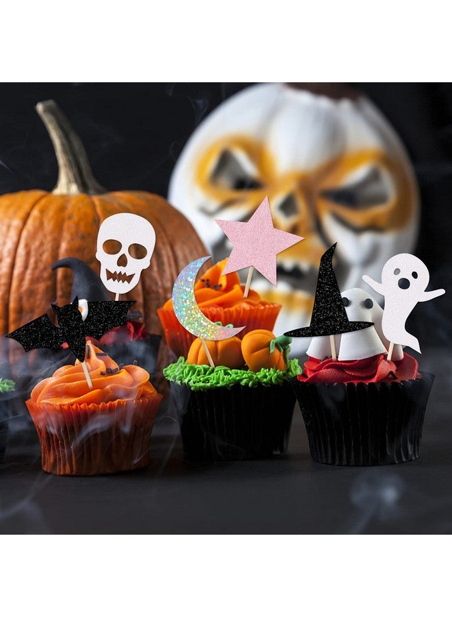 LeeSky Pink Black Halloween Ghost Cupcake Toppers Halloween Bat Witch Baby Shower Cupcake Toppers Halloween Food Cupcake Picks For Halloween Baby Shower Birthday Cake Supplies 24Pcs - Image 3