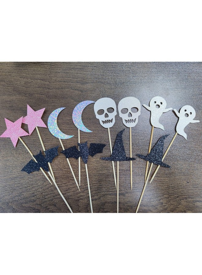 LeeSky Pink Black Halloween Ghost Cupcake Toppers Halloween Bat Witch Baby Shower Cupcake Toppers Halloween Food Cupcake Picks For Halloween Baby Shower Birthday Cake Supplies 24Pcs - Image 4