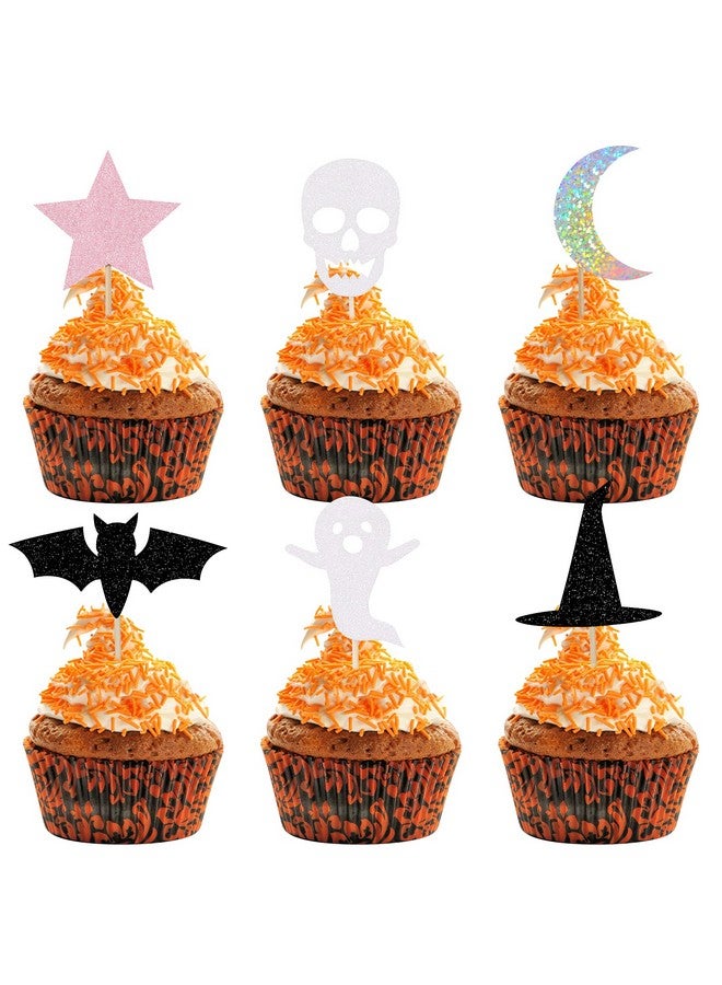 LeeSky Pink Black Halloween Ghost Cupcake Toppers Halloween Bat Witch Baby Shower Cupcake Toppers Halloween Food Cupcake Picks For Halloween Baby Shower Birthday Cake Supplies 24Pcs - Image 1