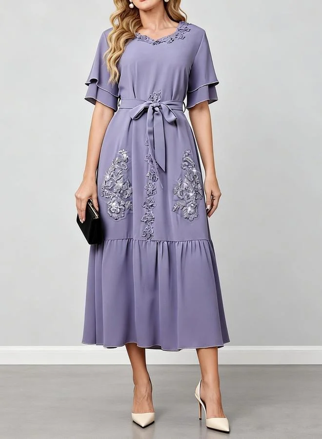 Take Two Purple Embellished Belted Ruffle Midi Dress