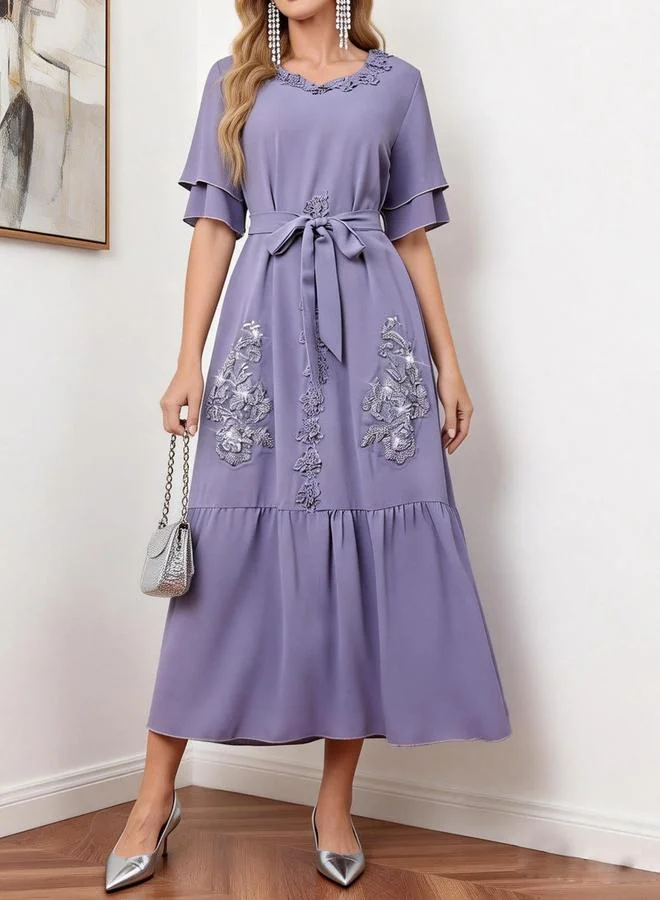 Take Two Purple Embellished Belted Ruffle Midi Dress