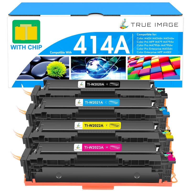 TRUE IMAGE 414A Toner Cartridges 4 Pack: MFP M479fdw M454dw Compatible for HP414A 414X 414 M479fdn M454dn Color Laserjet Pro M479fdw M455dn M479 M454 Printer Ink High Yield with Chip Black Cyan Yellow Magenta - Image 1