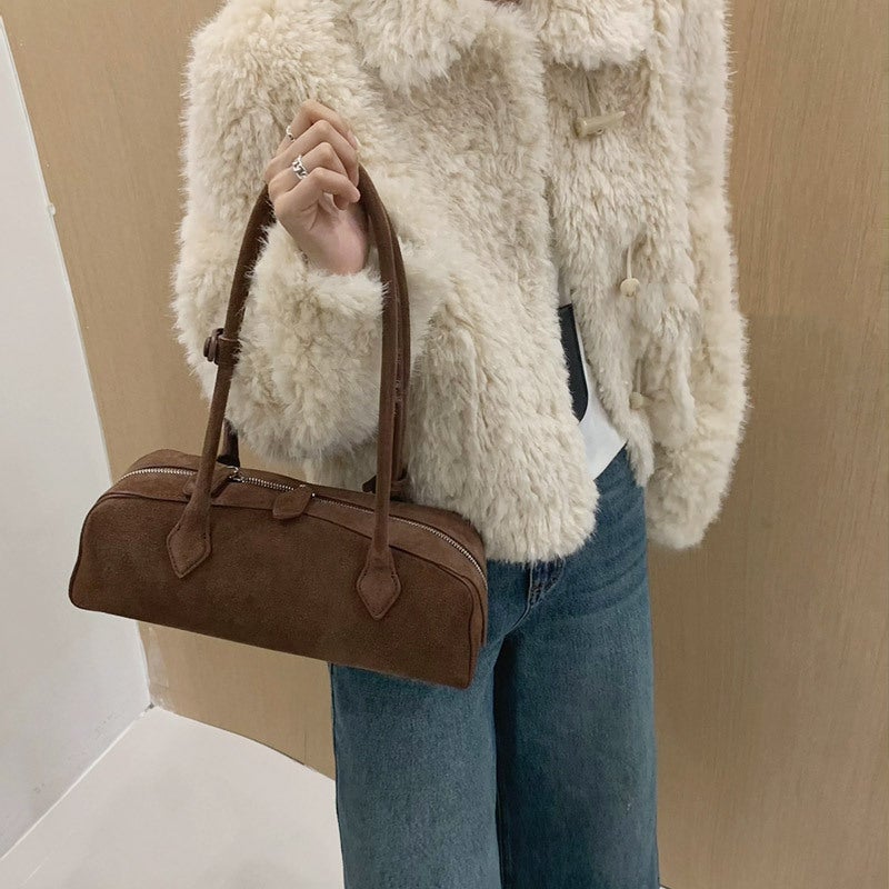 French Niche Sausage Bag Vintage Underarm Baguette Bag Suede Commuter Fashionable All-Match Shoulder Handbag Women'S Bag - Image 2