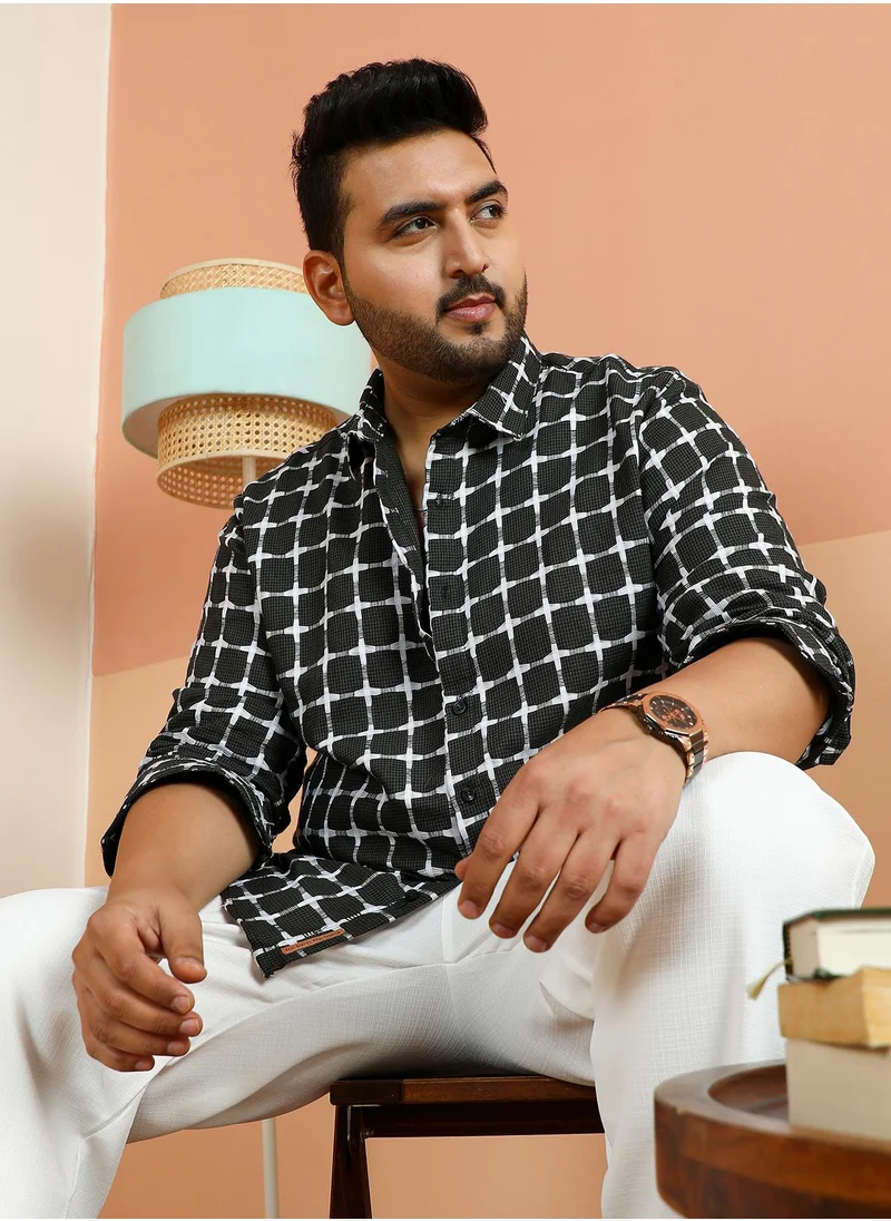 انستافاب بلس Instafab Plus Men's Olive Green Graph-Weave Shirt For Casual Wear | Spread Collar | Long Cuffed Sleeves | Button Closure | Plus Size Shirt Crafted With Comfort Fit For Everyday Wear