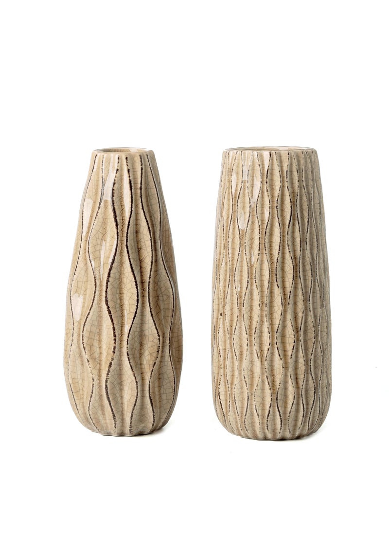 VICTOR & TERESA VICTOR & TERESA Ceramic Vase for Flowers  9.5'' Set of 2 Decorative Rustic Beige Vases for Home Decor  Farmhouse Vases for Pampas Grass  Table  Mantel  Living Room  Shelf  Centerpieces  Gifts for Mom  - Image 1