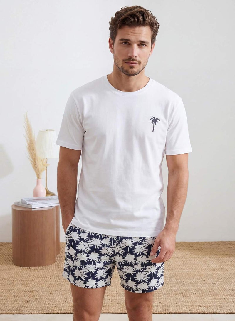 trendyol Ecru Regular Cut Palm Tree Patterned Cotton T-Shirt-Shorts Pajama Set Tmnss26Pt00023 - Image 2