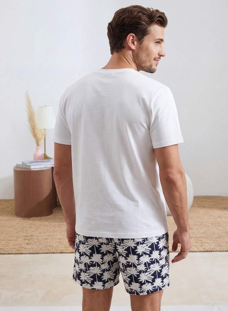 trendyol Ecru Regular Cut Palm Tree Patterned Cotton T-Shirt-Shorts Pajama Set Tmnss26Pt00023 - Image 3