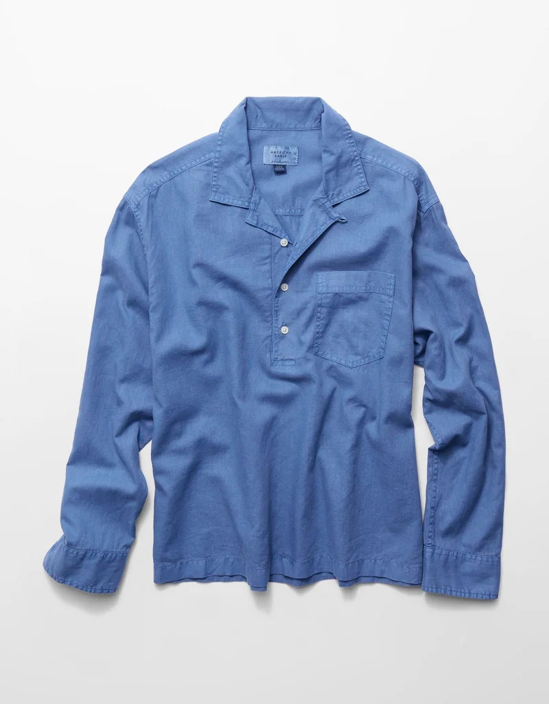 American Eagle  AE Relaxed Fit Linen-Blend Popover Shirt for Men | Best Price UAE