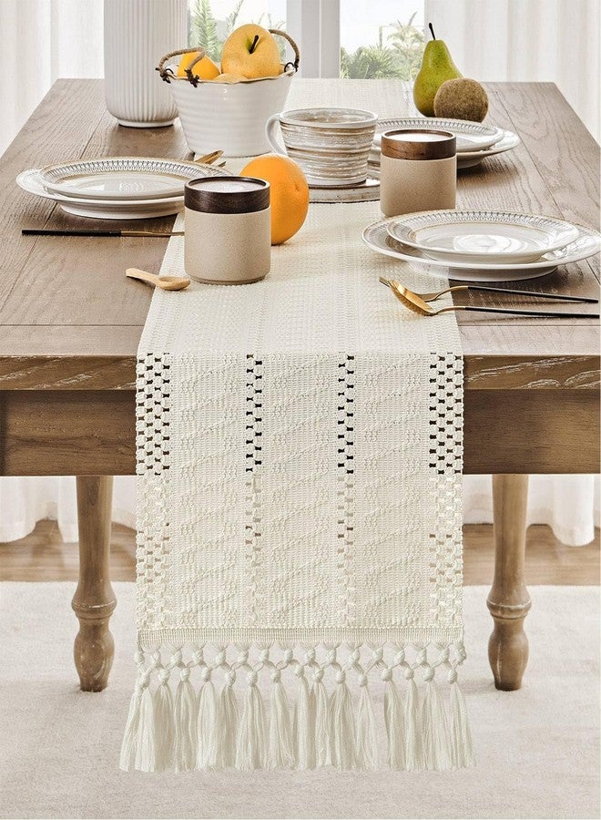 ZeeMart Macrame Style Boho Table Runner, Ivory Table Runners 72 Inches Long, Farmhouse Woven Home Decor, 12x72 Inch, Ivory - Image 2
