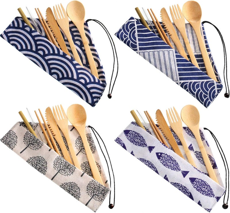 BOAO Boao 4 Sets Bamboo Utensils Wooden Utensils Set Reusable Cutlery Travel Chopsticks Fork Spoon Straw Portable Utensil Case for Travel Hiking Picnic Camping Cooking Office KitchenChic Style - Image 1