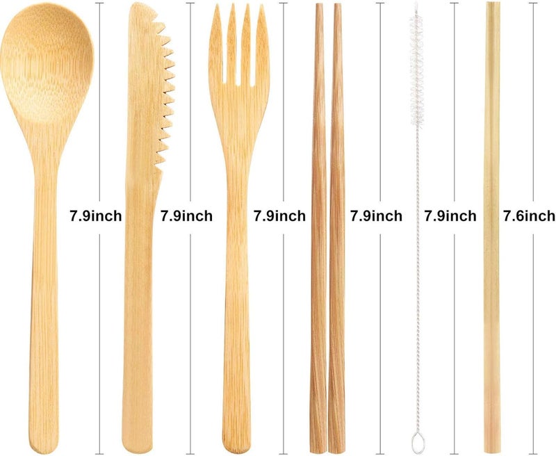 BOAO Boao 4 Sets Bamboo Utensils Wooden Utensils Set Reusable Cutlery Travel Chopsticks Fork Spoon Straw Portable Utensil Case for Travel Hiking Picnic Camping Cooking Office KitchenChic Style - Image 2