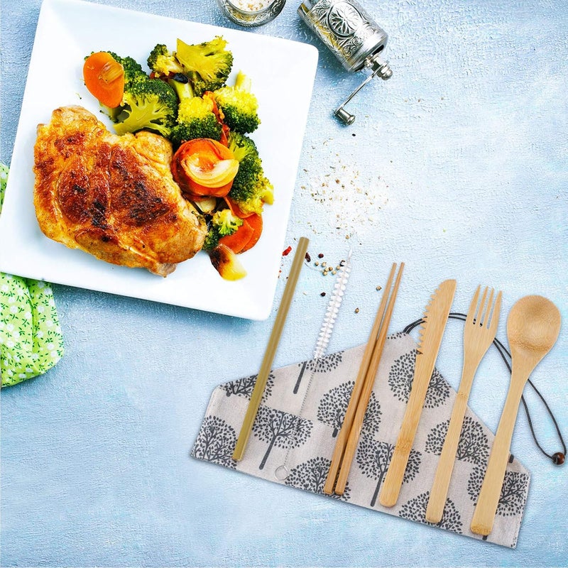 BOAO Boao 4 Sets Bamboo Utensils Wooden Utensils Set Reusable Cutlery Travel Chopsticks Fork Spoon Straw Portable Utensil Case for Travel Hiking Picnic Camping Cooking Office KitchenChic Style - Image 4