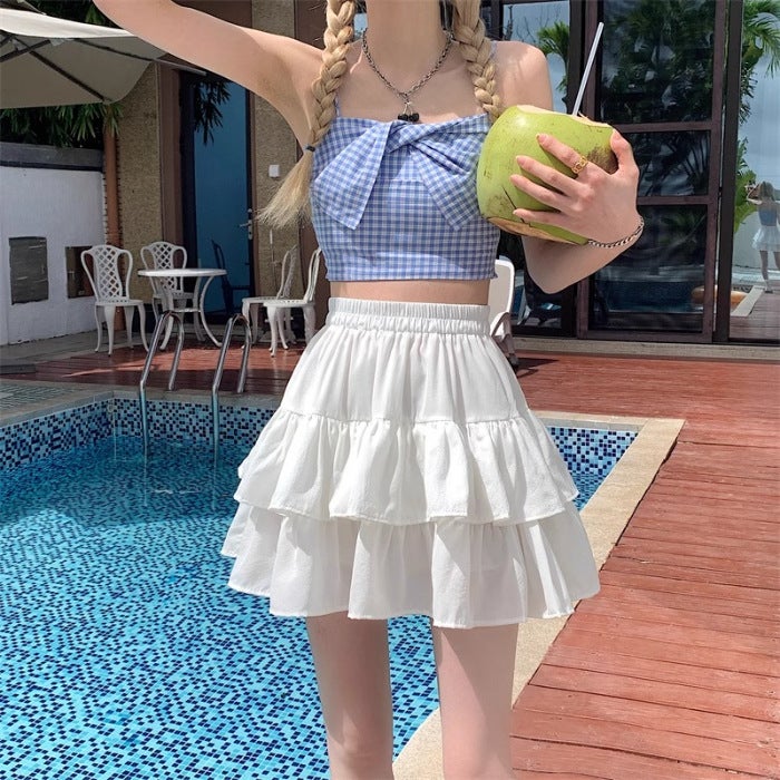 Pink Lotus Skirt Womens Spring and Summer New All-match High Waist Slimming Ruffled A- line Short Cake Skirt Black  - Image 2