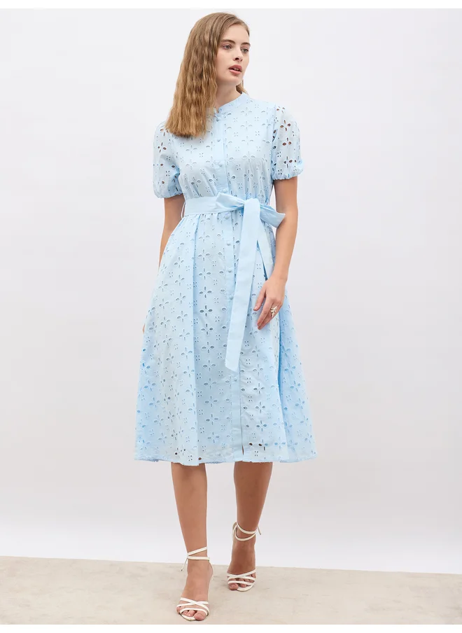 ستايلي Styli Schiffli Puff Sleeves Belted Shirt Midi Dress