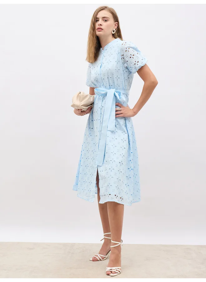 ستايلي Styli Schiffli Puff Sleeves Belted Shirt Midi Dress
