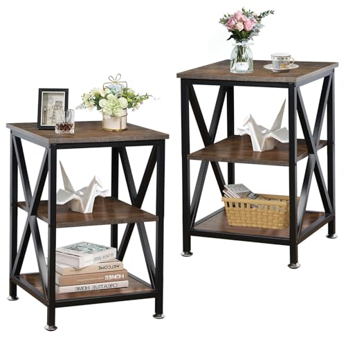 End Tables Living Room Set of 2 16 D x 16 W x 24 H Indoor End Tables Living Room with Storage Shelf Square End Table Set of 2 XShaped Night Stands for Bedroom Farmhouse Wood Side Tables