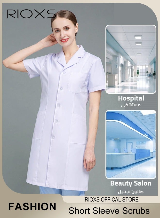 ريوكس معطف أبيض للنساء، معطف أبيض خفيف الوزن قصير الأكمام للصيف للمهنيين الطبيين، معطف طويل الأكمام لطب الأسنان للعناية بالأسنان، ملابس مهنية مريحة - Image 1