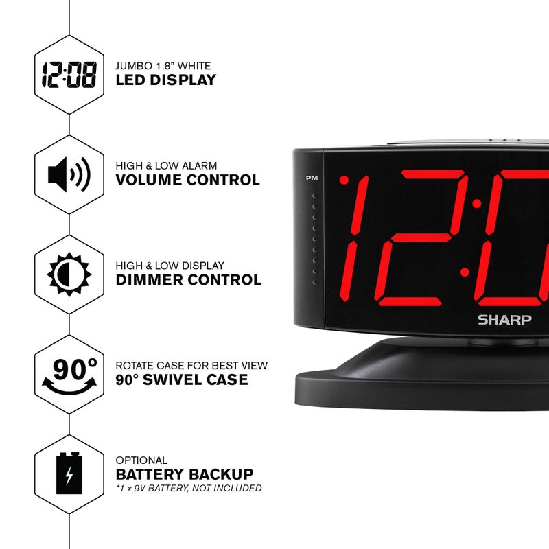 Sharp Home LED Digital Alarm Clock â€“ Swivel Base - Outlet Powered, Simple Operation, Alarm, Snooze, Brightness Dimmer, Big Green Digit Display, (Midnight Black -Red LED) - Image 2