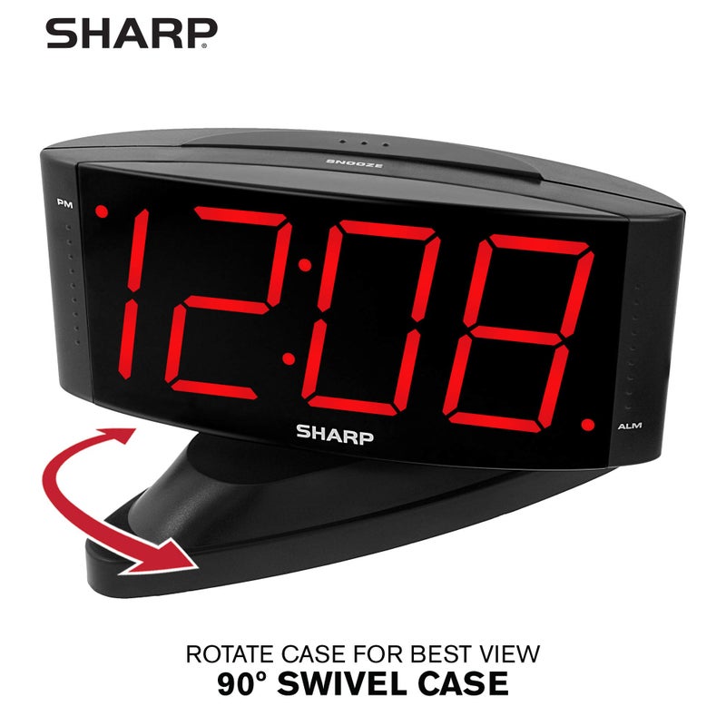 Sharp Home LED Digital Alarm Clock â€“ Swivel Base - Outlet Powered, Simple Operation, Alarm, Snooze, Brightness Dimmer, Big Green Digit Display, (Midnight Black -Red LED) - Image 4