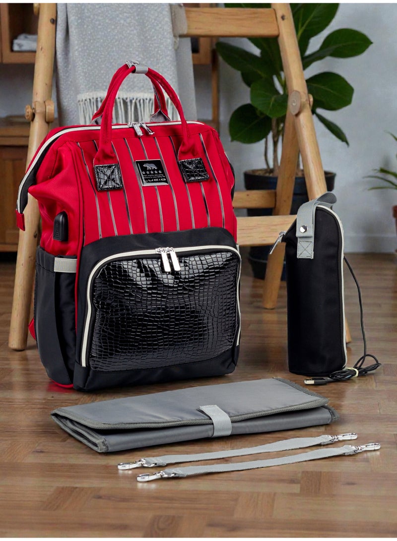 لوسيد حقيبه لوازم الأمهات الإصدار الاحدث من لوسيد حقيبه (جلد) ومقاومة للمياه مع مفرش غيار وحافظه للببرونه حراريه بوصله تسخين-احمر في اسود