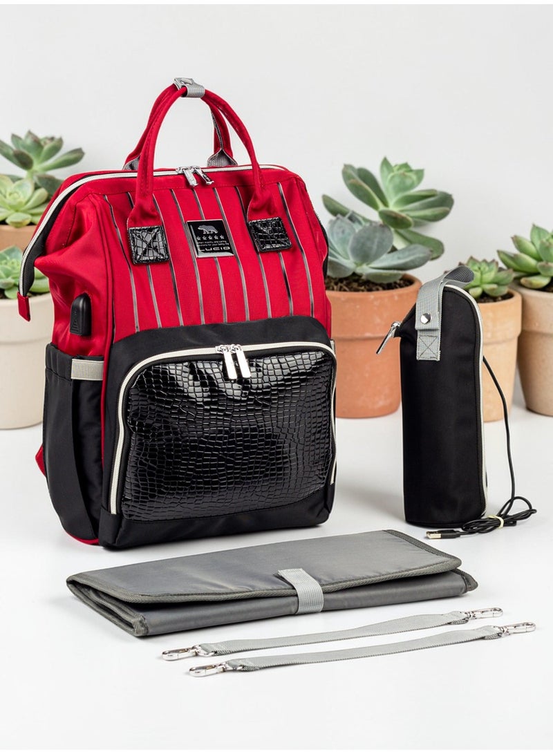 Lucid's latest maternity bag (leather), water-resistant, with changing mat and thermal bottle holder with heating element - red in Black - Image 1