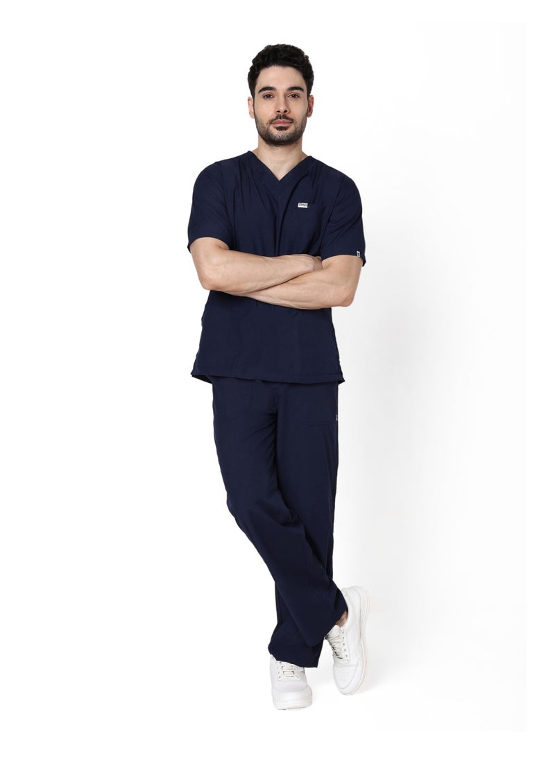 KNYA Active Men's 5-Pocket  Scrubsuit V Neck Flexibile & Comfortable Top & Bottom Easily Accessible Pockets Uniform for Doctors (Navy Blue) - Image 1